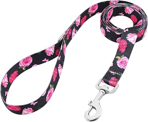 Correa de perro negra con diseño floral para cachorros, perros de raza pequeña, correa de perro de 4 pies
