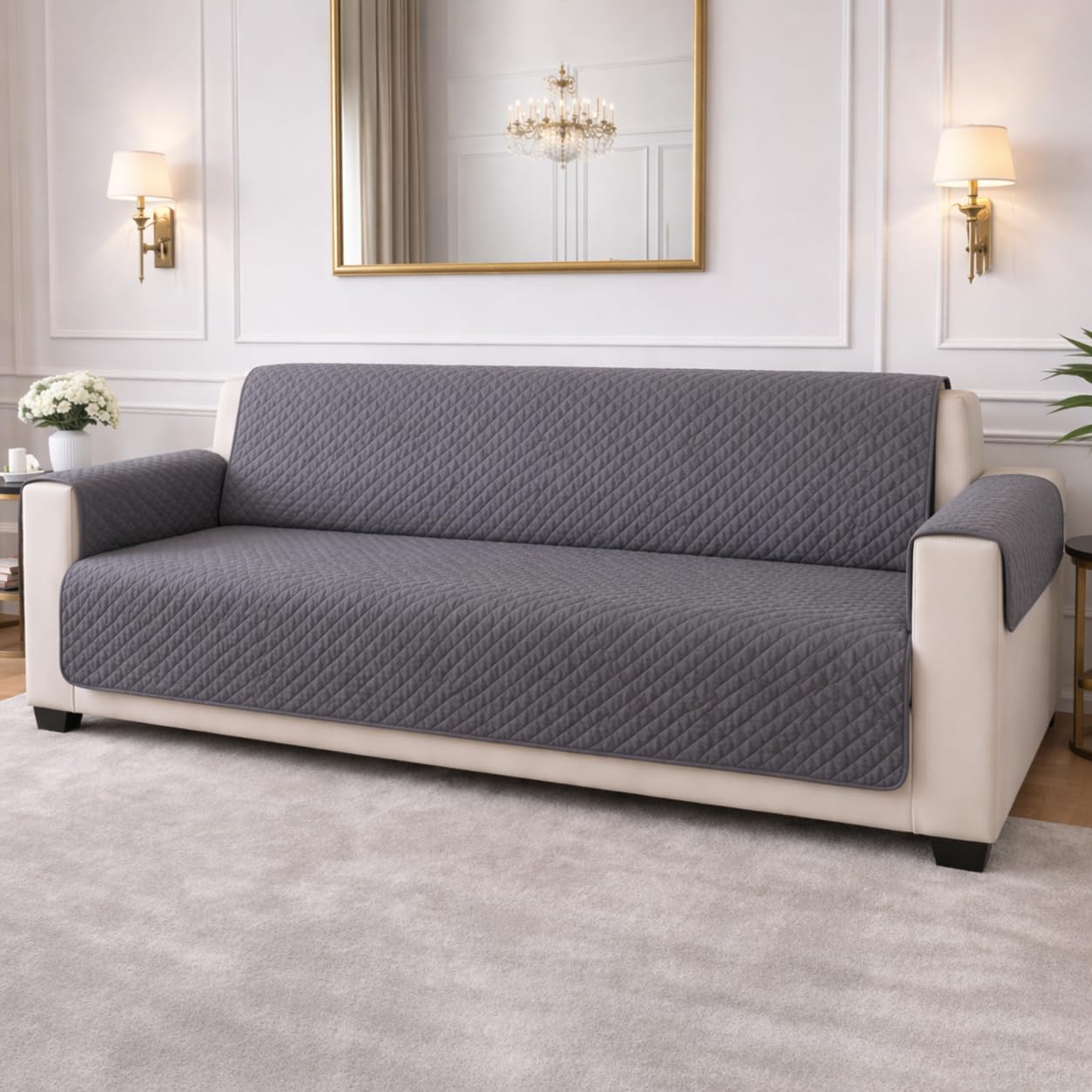 STITCHNEST 'Airsoft Range Series' Solid Quilted Velvet Sofa Cover for 1 Seater | Premium Soft Velvet Sofa Protector | Grey Diamond Quilted Design with Armrest Pockets | Furniture Cover