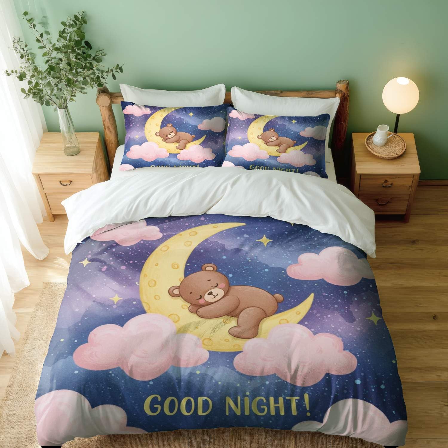 Parure de lit 3 pièces motif ours bleu nuit housse de couette enfant抗皱易 command
