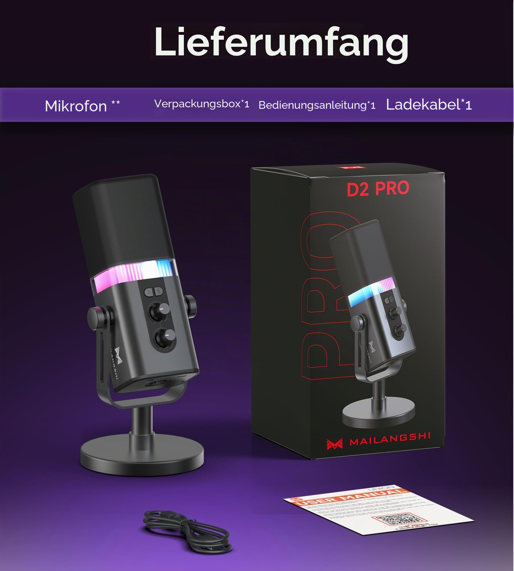 MAILANGSHI 192KHz/32bit Dynamic Podcast Mikrofon für PC, USB & XLR Mikrofon mit RGB, Stand, Stummschaltung, Vollmetall, Gain/Volume, Gaming Mikrofon für Livestreaming
