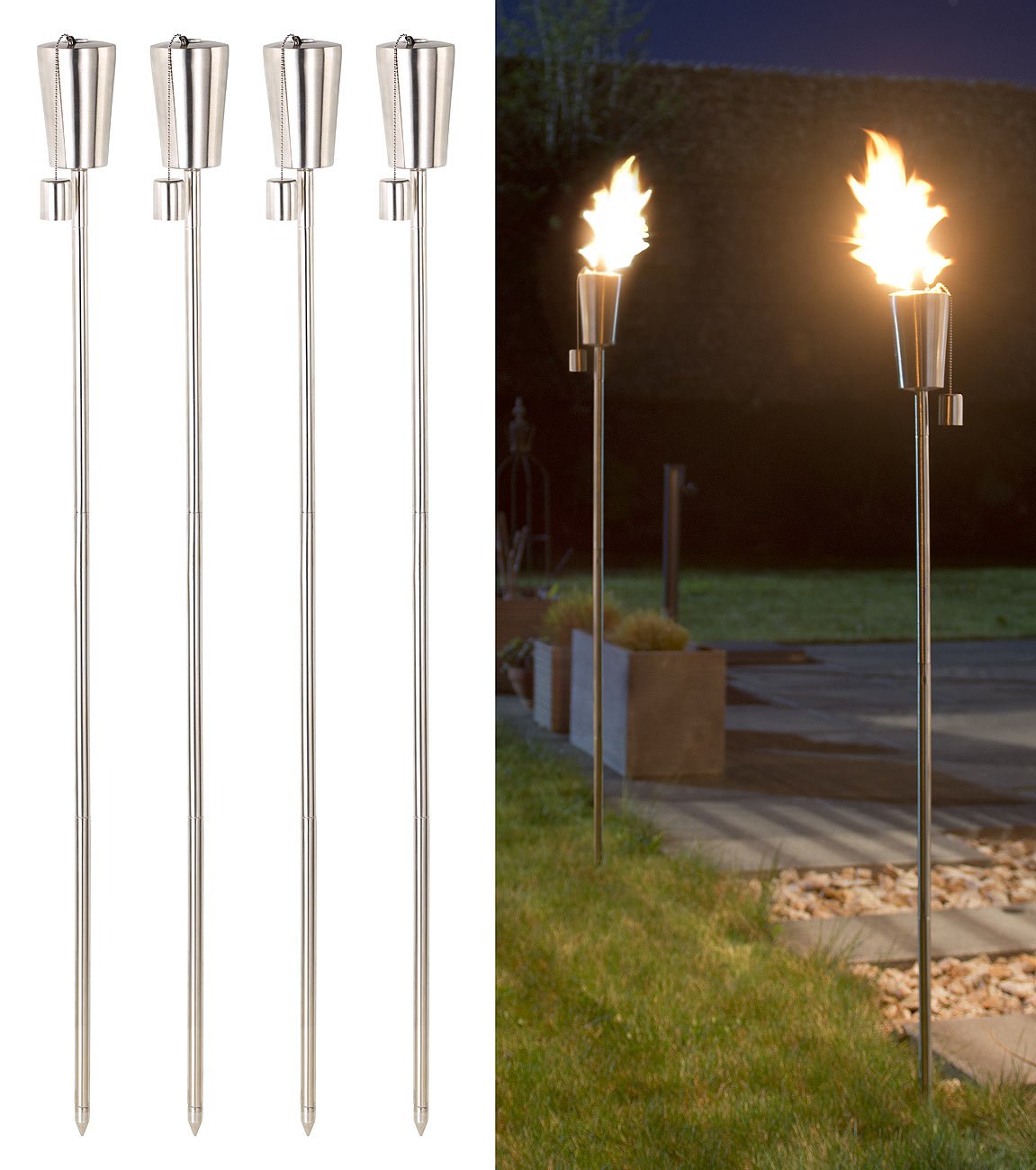 Carlo Milano Ölfackeln: Edelstahl-Gartenfackel Amor, rostfrei, 280 ml,110 cm, 4er-Set (Ölfackeln Edelstahl, Ölfackel Garten, Grill)