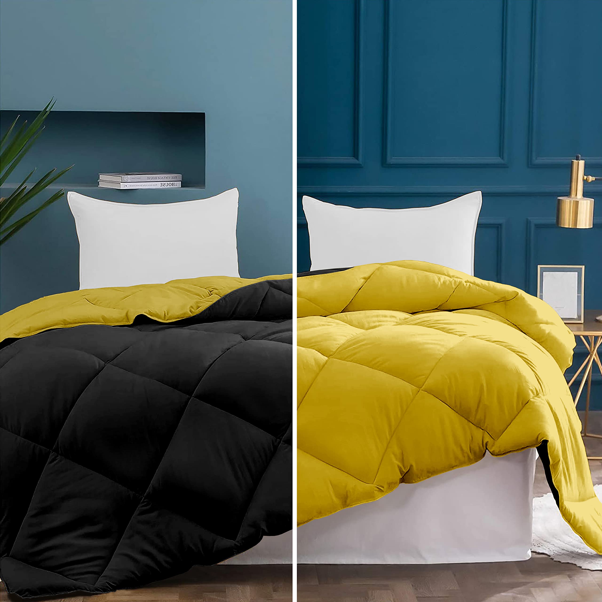 EDMUND - Luxurious Diamond Stitch Quilt Reversible Comforter 400 GSM Fill for Winter Comforter Single Bed Blanket (60" x 90" Inches/152cm x 228cm) - Single Bed Comforter|Gold Yellow & Black-image-36