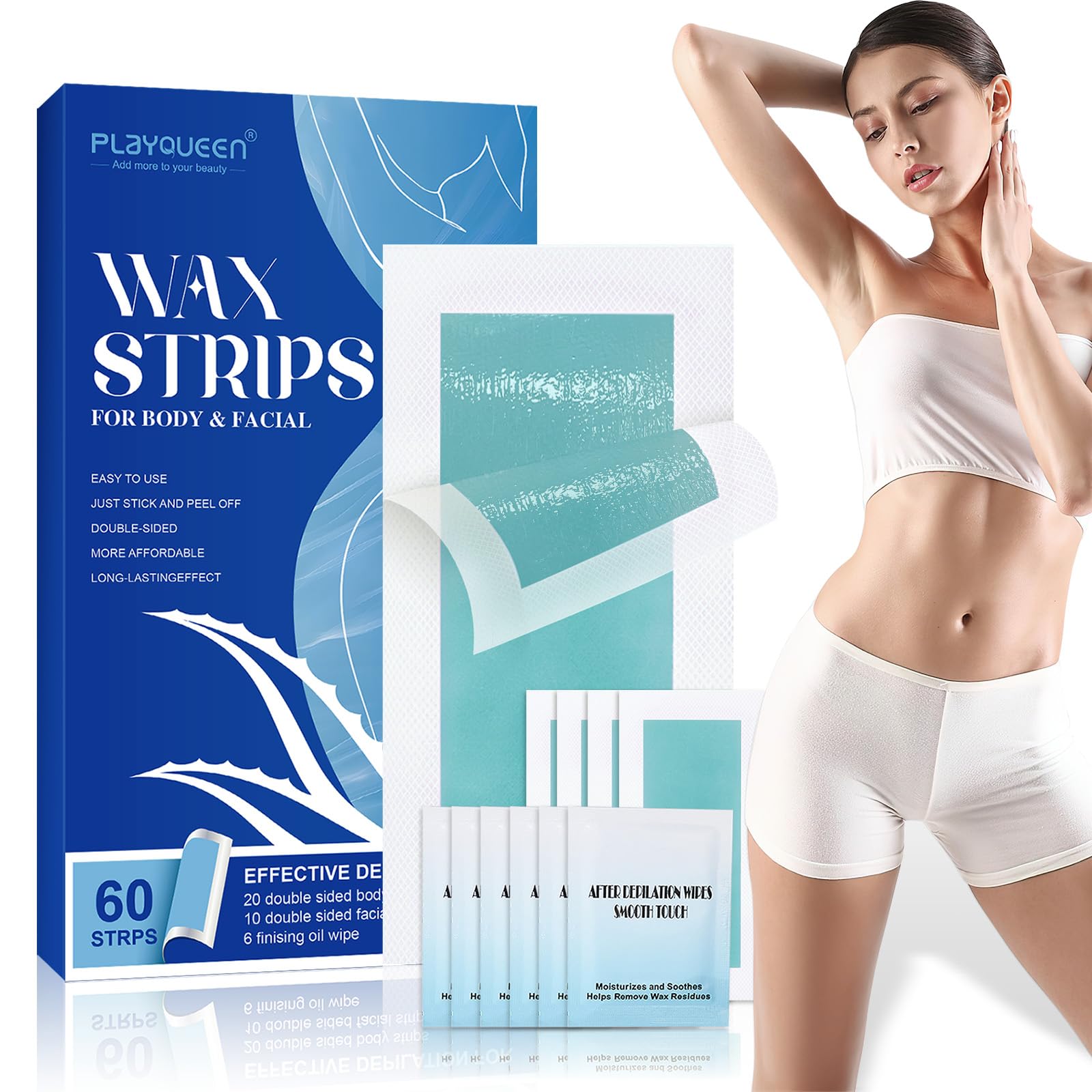 Wax Strips for Hair Removal, 60 Count - 40 for the Body, 20 for the Face, 6 Big Oil Wipes,Waxing Strips for Women & Men,Hair Remover Wax Kit for Face, Legs, Arms, Armpits, Bikini
