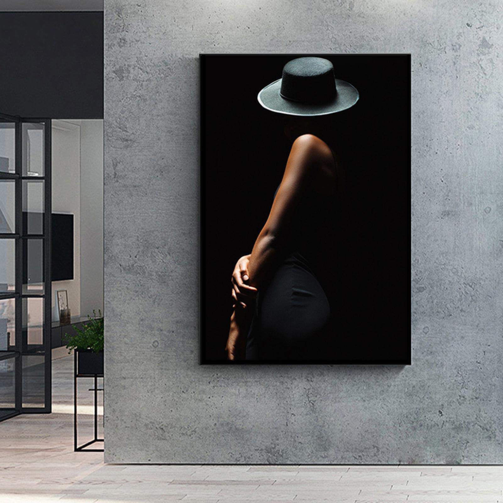Cuadros de arte de pared Arte moderno de mujer Cuerpo Fondo negro Impresión de lienzo Carteles para decoración del hogar, Listo para colgar Marco interior de 60x90cm