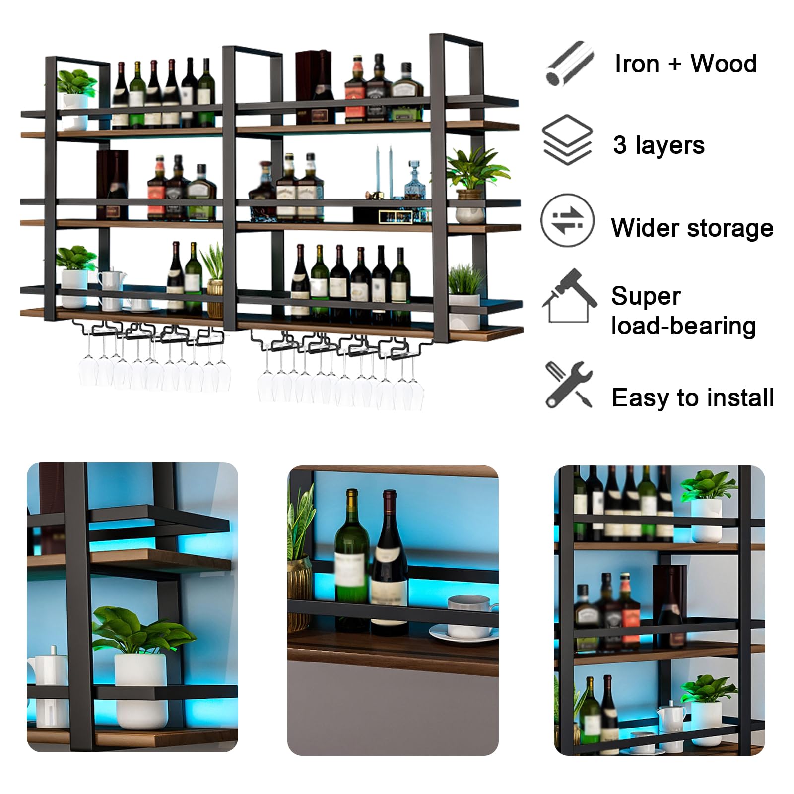 Portabottiglie da Parete con Luce a LED, Mensola Espositivi in Metallo per Bottiglie di Liquori, Espositore di Vino di Grandi Dimensioni, con Portabicchieri per Casa, Cucina, Bar, Sala (nero, 160cm)
