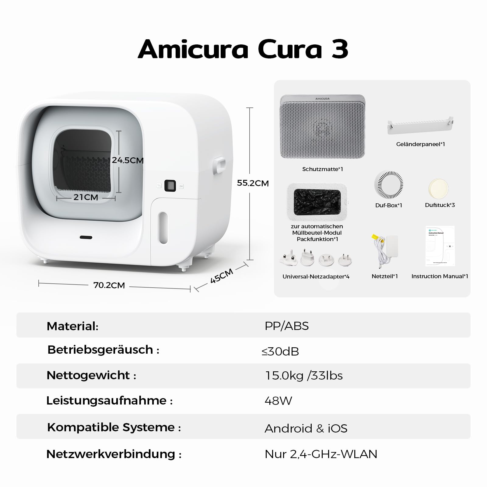 Amicura Cura 3 Selbstreinigende Katzentoilette, Automatisch Verpackt und Füllt Müllsäcke, TÜV-zertifizierte Sicherheit &7 Sensoren, Geruchskontrolle/App-Steuerung, Große Katzenklo Für Mehrere Katzen