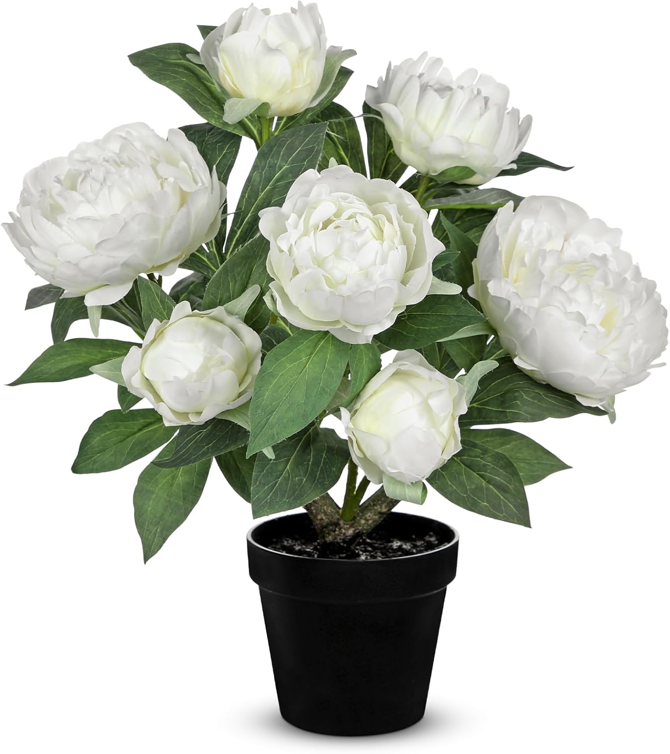 Hollyone White Fake Peonies Artificial Flowers in Pot 16.9" Small Peonies Tree Indoor Outdoor Faux Plants & Flowers Peony Silk Flowers Potted Plant Artificial Peony Floral Arrangement Desk Home Decor