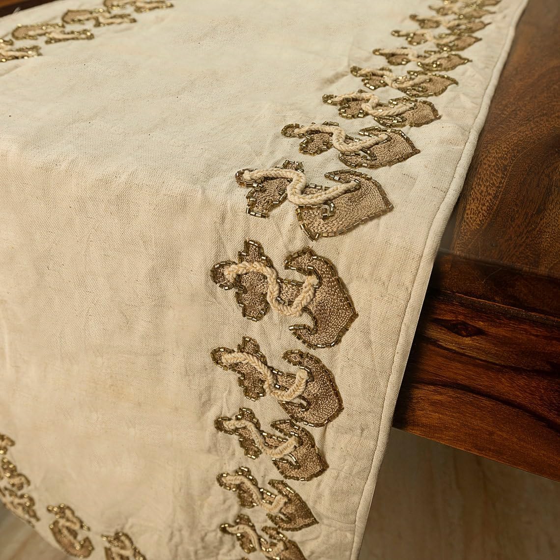 The HomeCentric Decorative Beige Handmade Table Runner 16 x 120 inch, Beaded Embroidery Table Runner on Linen Fabric - Anchor Hold
