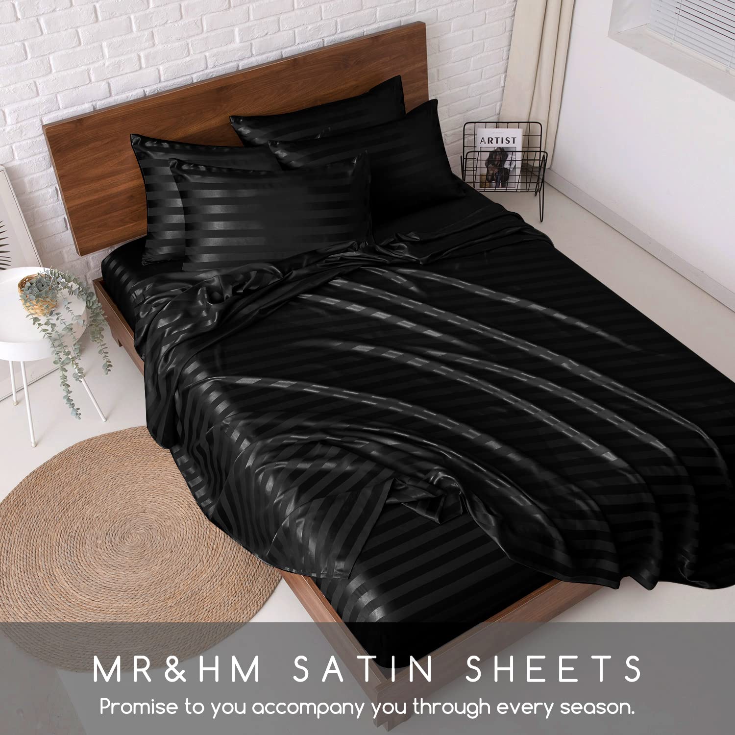 Amazon｜MR&HM サテンベッドシーツ クイーンサイズシーツセット シルク