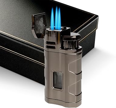 Triple Jet Torch Lighter Windproof Refillable Butane, Adjustable Metal Lighter, Built-in Punch, Fuel Window, Dust Cover for Grill, Kitchen, Camping Butane Not IncludedBlack