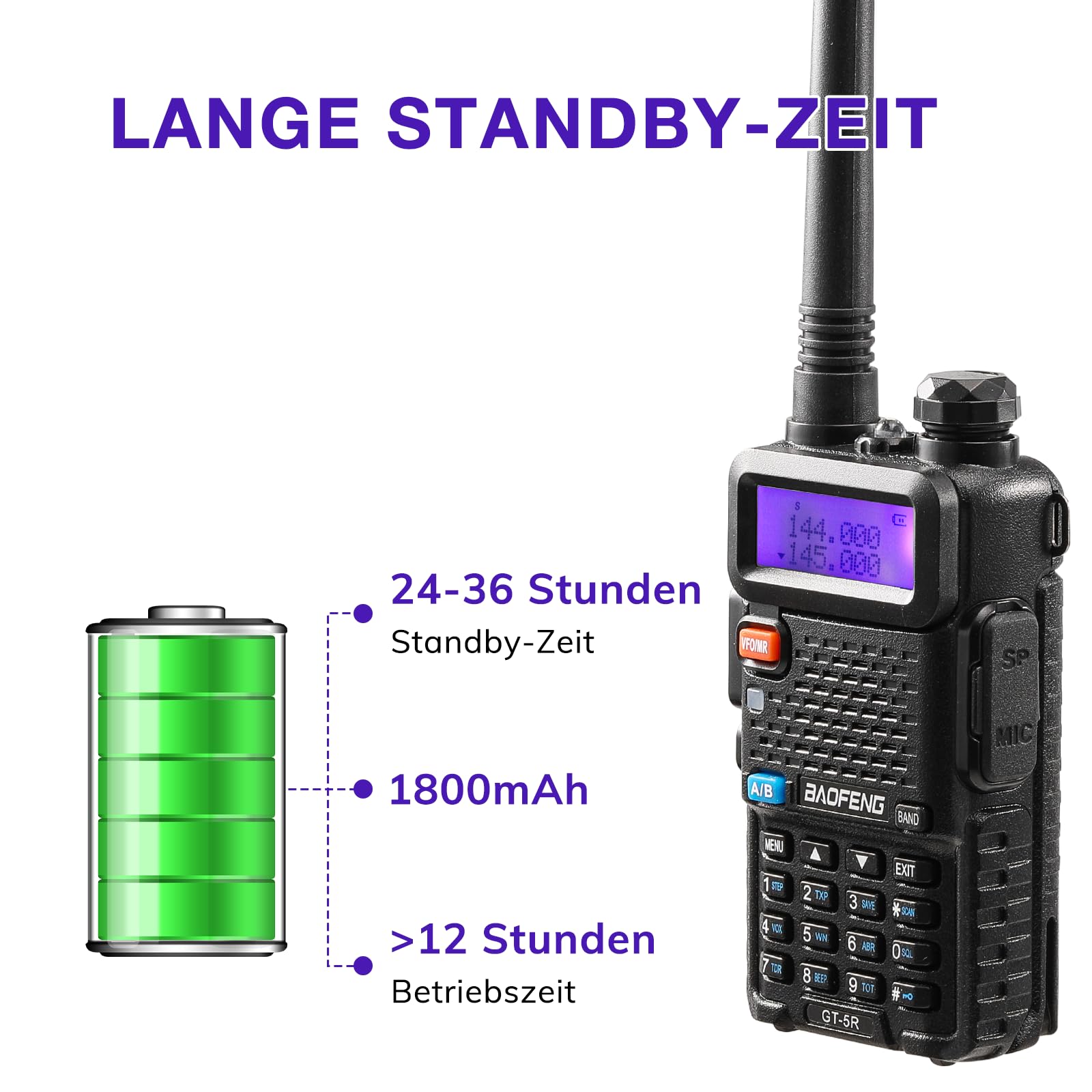 BAOFENG GT-5R Walkie Talkie, Dual Band Funkgerät für UHF VHF 144-146/430-440MHz, mit Speicher für 128 Kanäle, 1800 mAh Akku, Programmierkabel, Kopfhörer für Erwachsene, Wird von Chirp unterstützt
