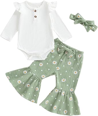 Mubineo Baby Girl Clothes Romper Pant Outfits Long Sleeve Bodysuit Tops Fashion Newborn Floral Bell Bottom Pant Outfit