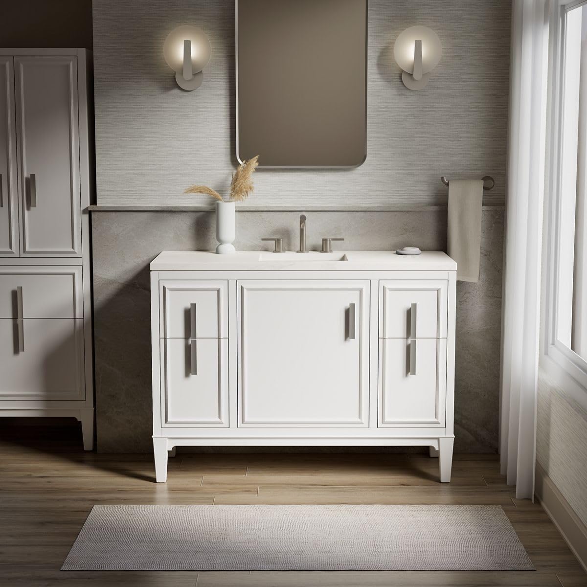 Kohler Southerk 48 Inch Bathroom Vanity Cabinet with White Single Sink and Quartz Top, Modern Bathroom Vanity, White, K-33546-ASB-0