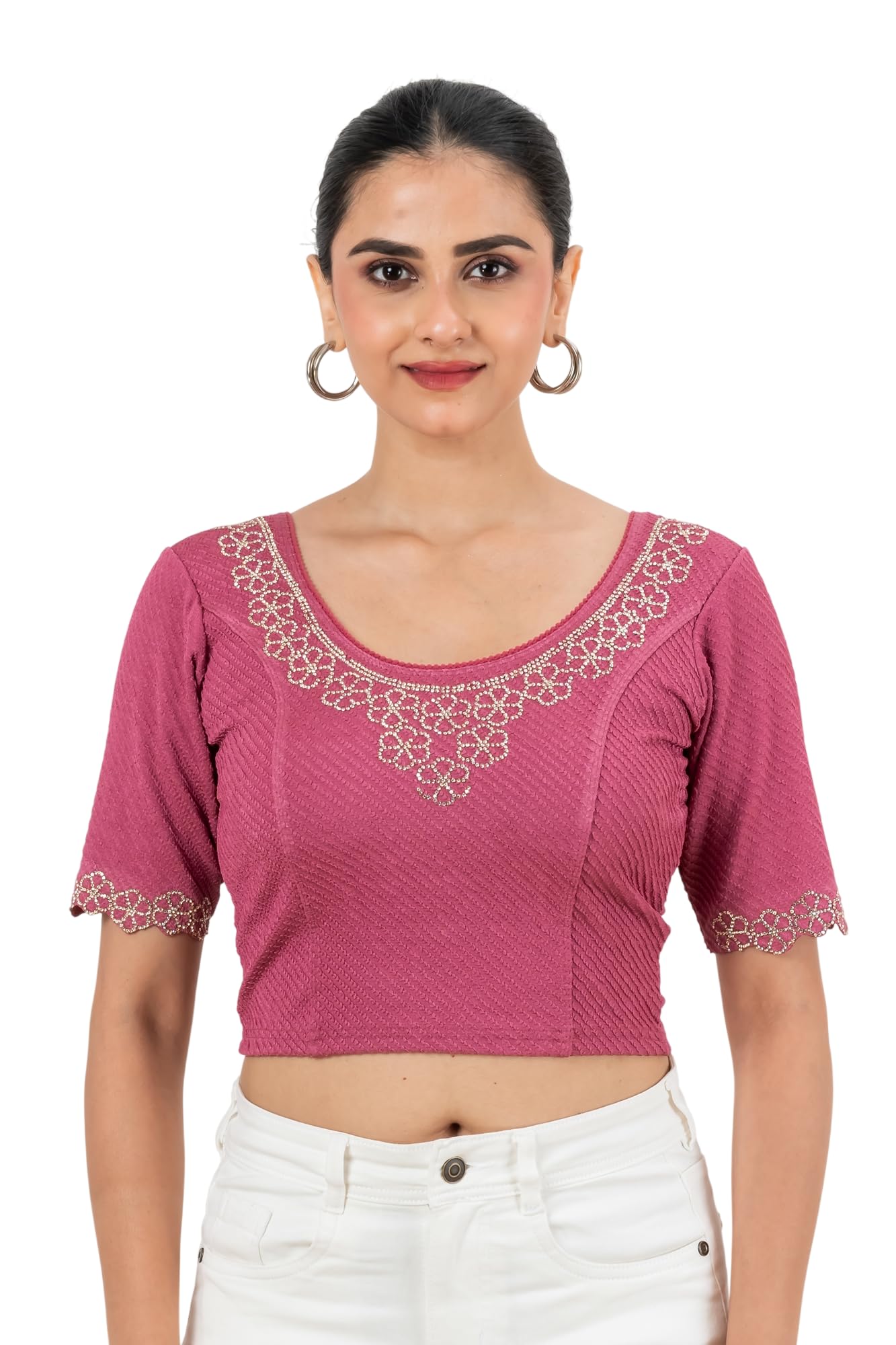 Women's Stretchable Lycra Blouse with Siroski Work, Self Textured Designer Elbow Sleeve Saree Blouse Choli-picture-30