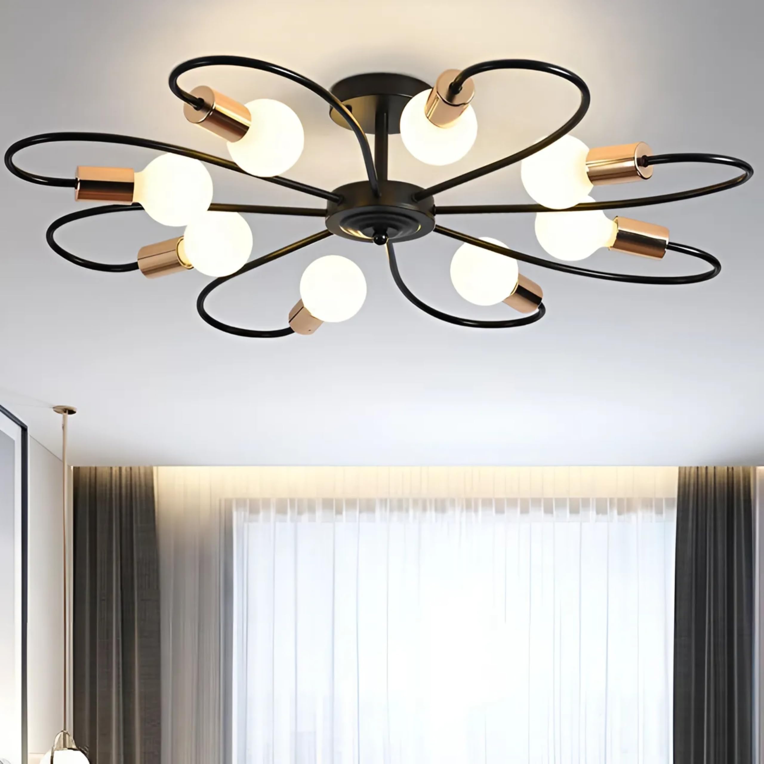 Modern Black & Gold Metal 8 Light Curv Shape Sputnik Chandelier Ceiling Light Hanging Fixture Semi Flush Mount Chandelier for Living Room, Dining Room, Bedroom,Restaurant(Bulb Not Included)