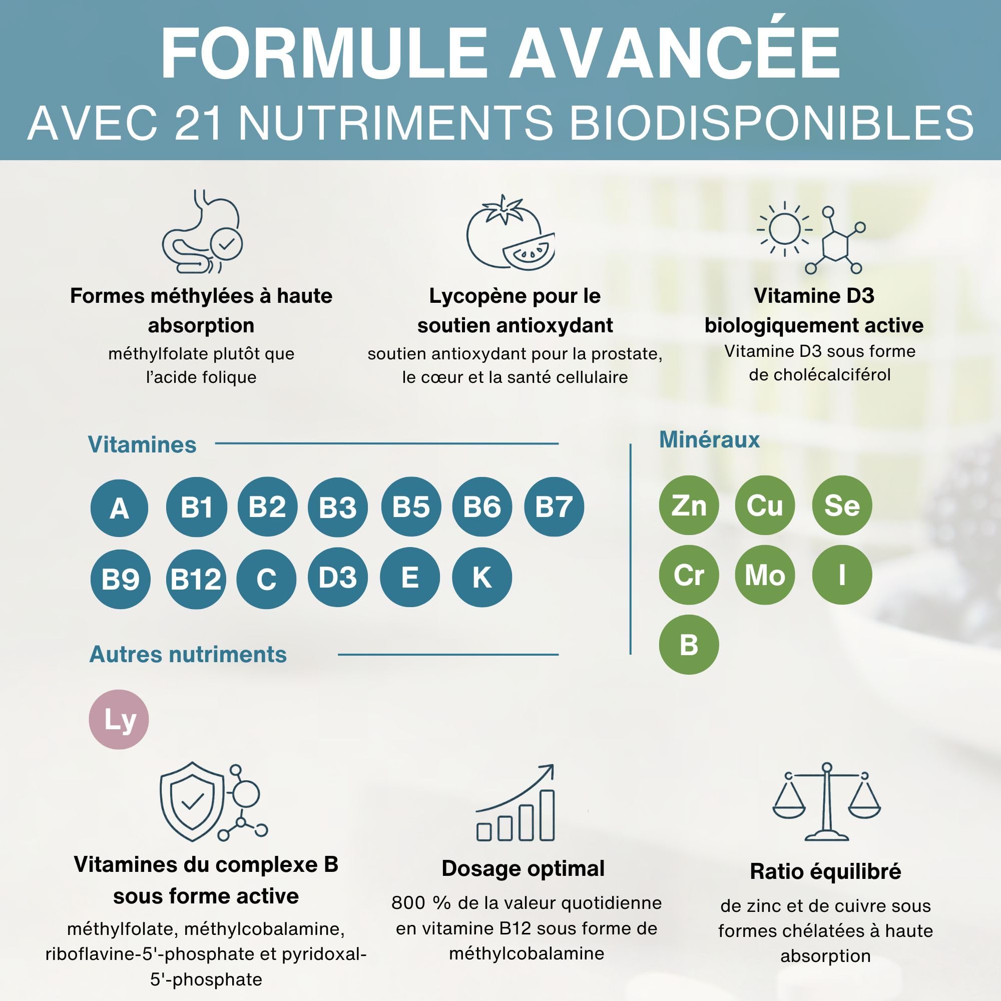 Igennus Multivitamines pour hommes avec lycopène, Dosé avec expertise prête à être absorbée pour l'énergie, l'immunité et la santé cardiaque, libération prolongée, vitamines B méthylées, 180 comprimés