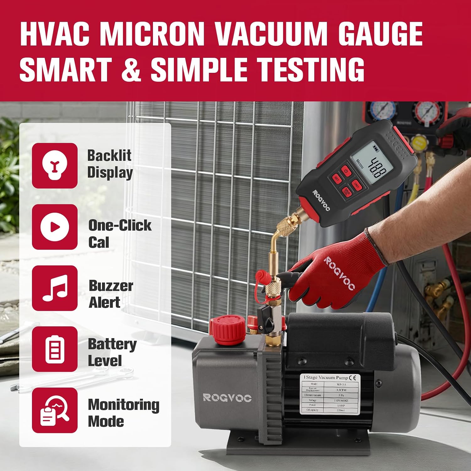 Digital Vacuum Gauge, HVAC Micron Vacuum Meter 1/4 inch SAE | with Buzzer Alarm, Pressure Tester for 4 Units, LCD Backlit Display