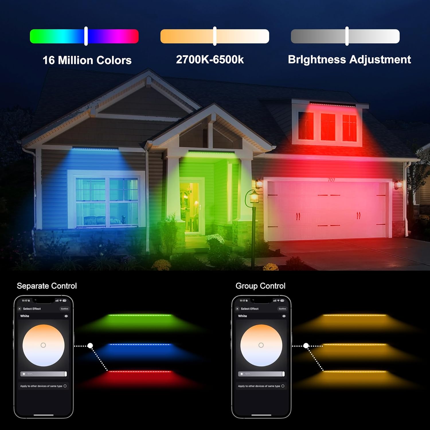 Smart Wall Washer Light Bar 20in RGBCW – Linkable Waterproof LED Light for Indoors/Outdoors with App/Voice Control, 16M Colors, Dimmable, Music Sync, 50 Scene Modes, Timer, AC120V
