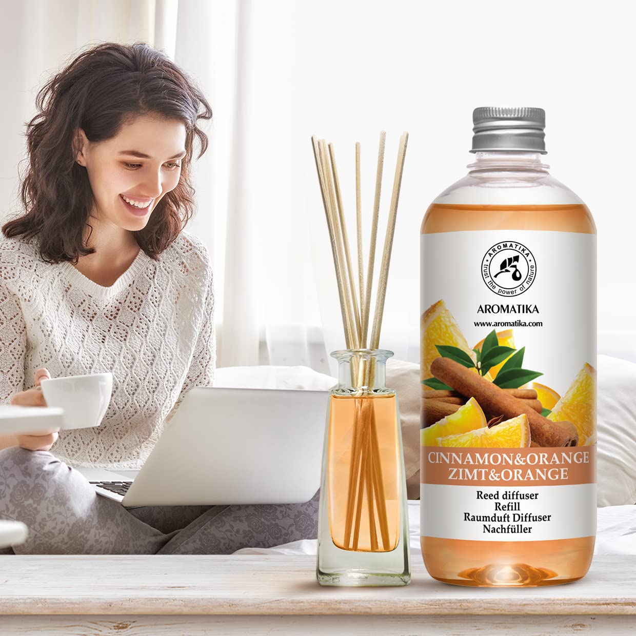 Cinnamon - Recambio de difusor de naranja de 17 onzas líquidas - Intensivo - Fragancia fresca y duradera - Bueno para aromaterapia - Spa - Aroma de Navidad - Difusores perfumados - Fragancia para el