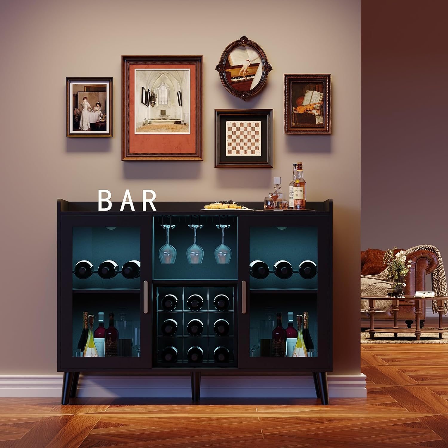 Garvee Modern Wine Bar Cabinet with LED Light, Wood Kitchen Coffee Bar Home Liquor Cabinets with Glass Holder, Doors and Wine Racks Buffet Sideboard with Storage for Living Room