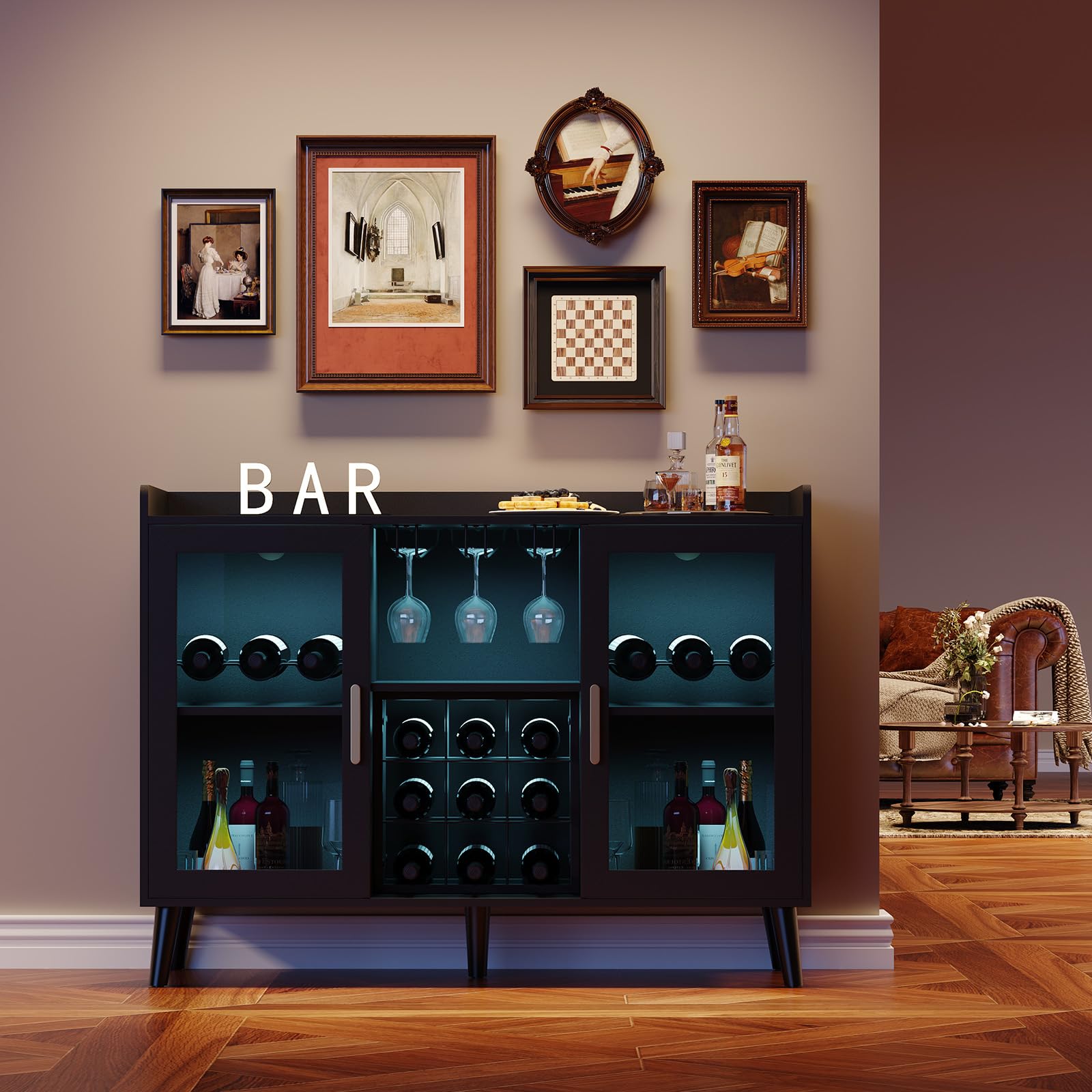GarveeHome Modernes Freistehendes Weinbar Sideboard Mit LEDBeleuchtung Weinregal, Glashalter, Glastüren Viel Stauraum Für Wohnzimmer, Küche, Esszimmer Stabile Holzkonstruktion, Vielseitig