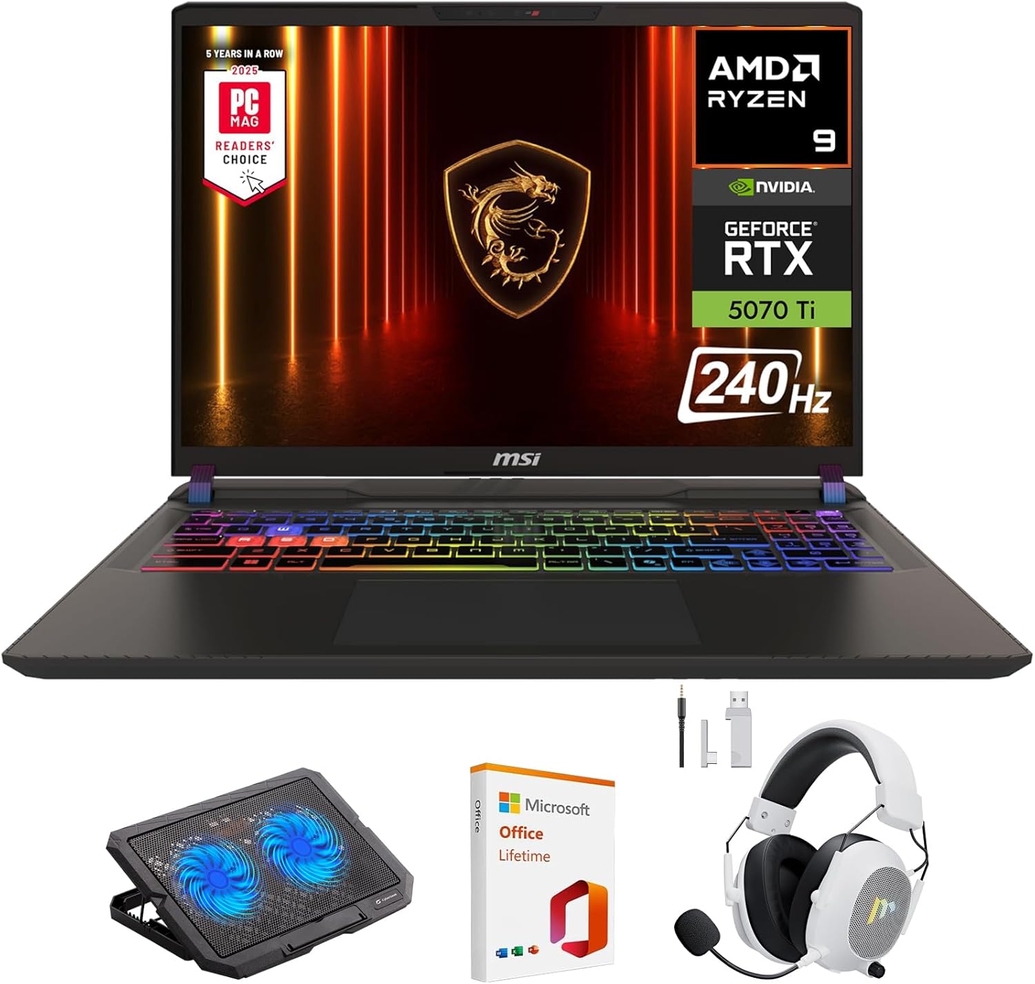 msi Vector 16 HX AI 16” 240Hz QHD+ Gaming Laptop, AMD Ryzen 9 8940HX, NVIDIA Geforce RTX 5070Ti, 32GB RAM, 1TB SSD, Thunderbolt 4, Wi-Fi 7, Win 11, Cosmo Gray, w/Mytrix Accessory & Lifetime Office