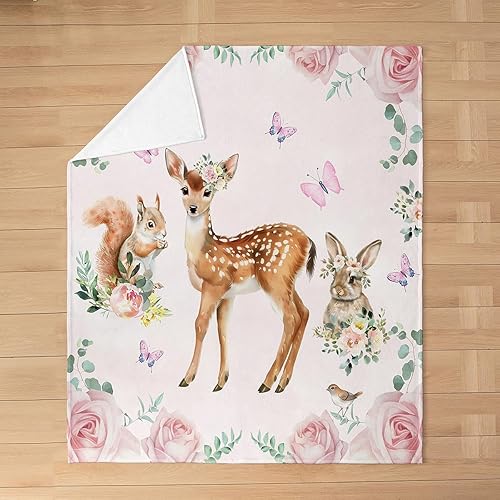 Miniatura 5 de Erosebridal Deer Rabbit Fleece Blanket,Zoo Animal Throw Blanket 40x50 Inch for Bedroom Living Room Sofa Couch,Butterflies Rose Bed Blankets,Garden