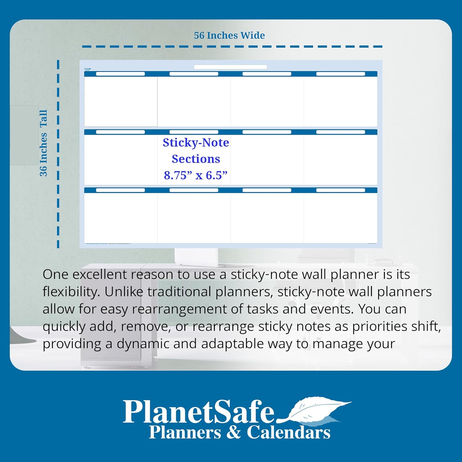 Sky Blue 12-Section 38h x 58w Dry-Erasable Wall Planner Organizer. PlanetSafe Products will never ghost or stain