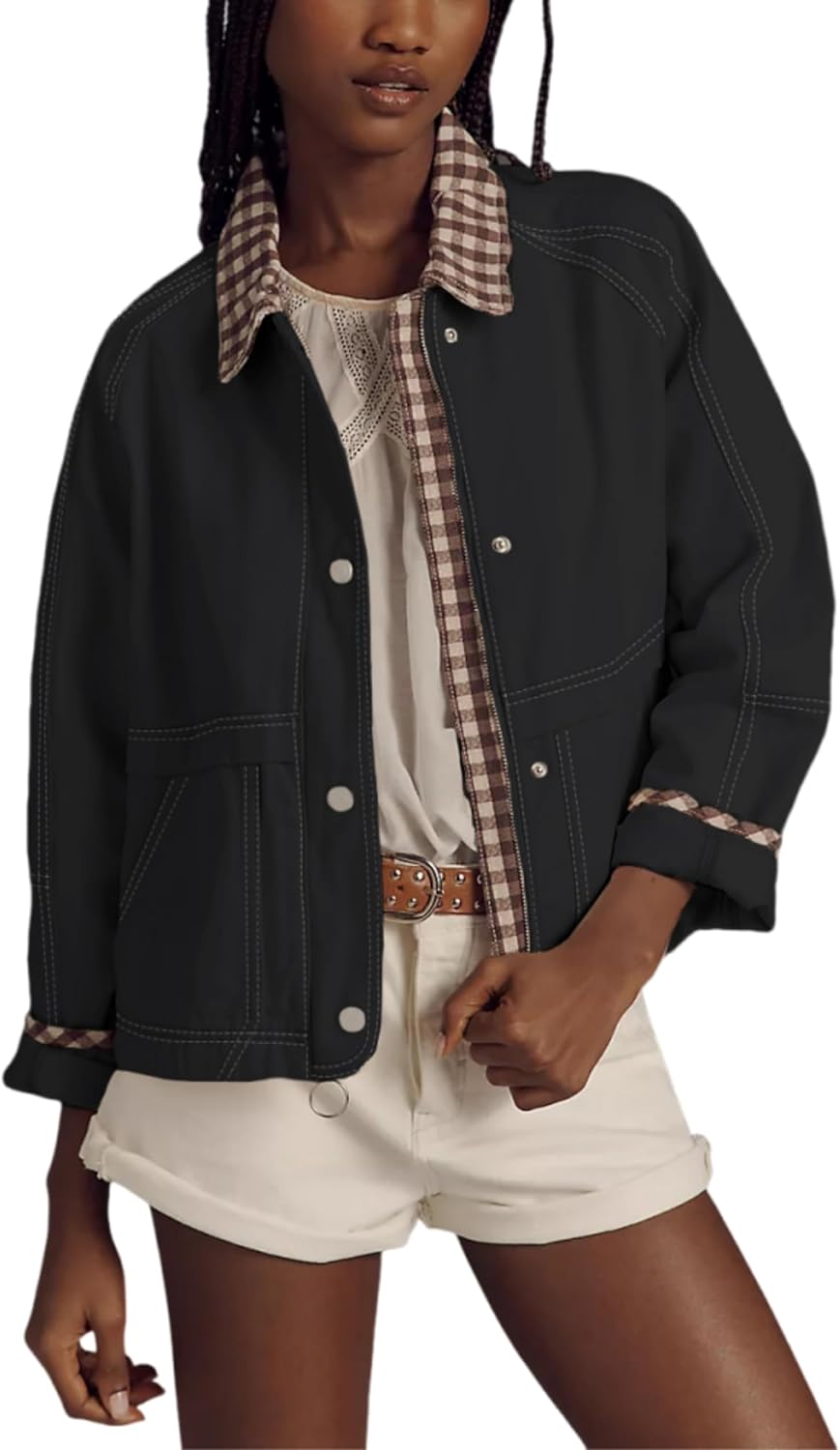 Aimiray Women's Oversized Plaid Jacket Lapel Button Down Casual Shacket Coats with Side Pockets
