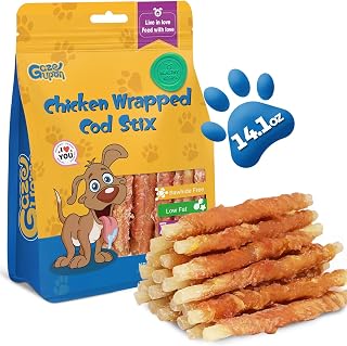 Gazeupon Rawhide Free Dog Treats, Chicken Wrapped Cod Sticks, Healthy Training Treats, Soft Chewy Snacks for Small Dogs w/Glucosamine Chondroitin, Low Fat