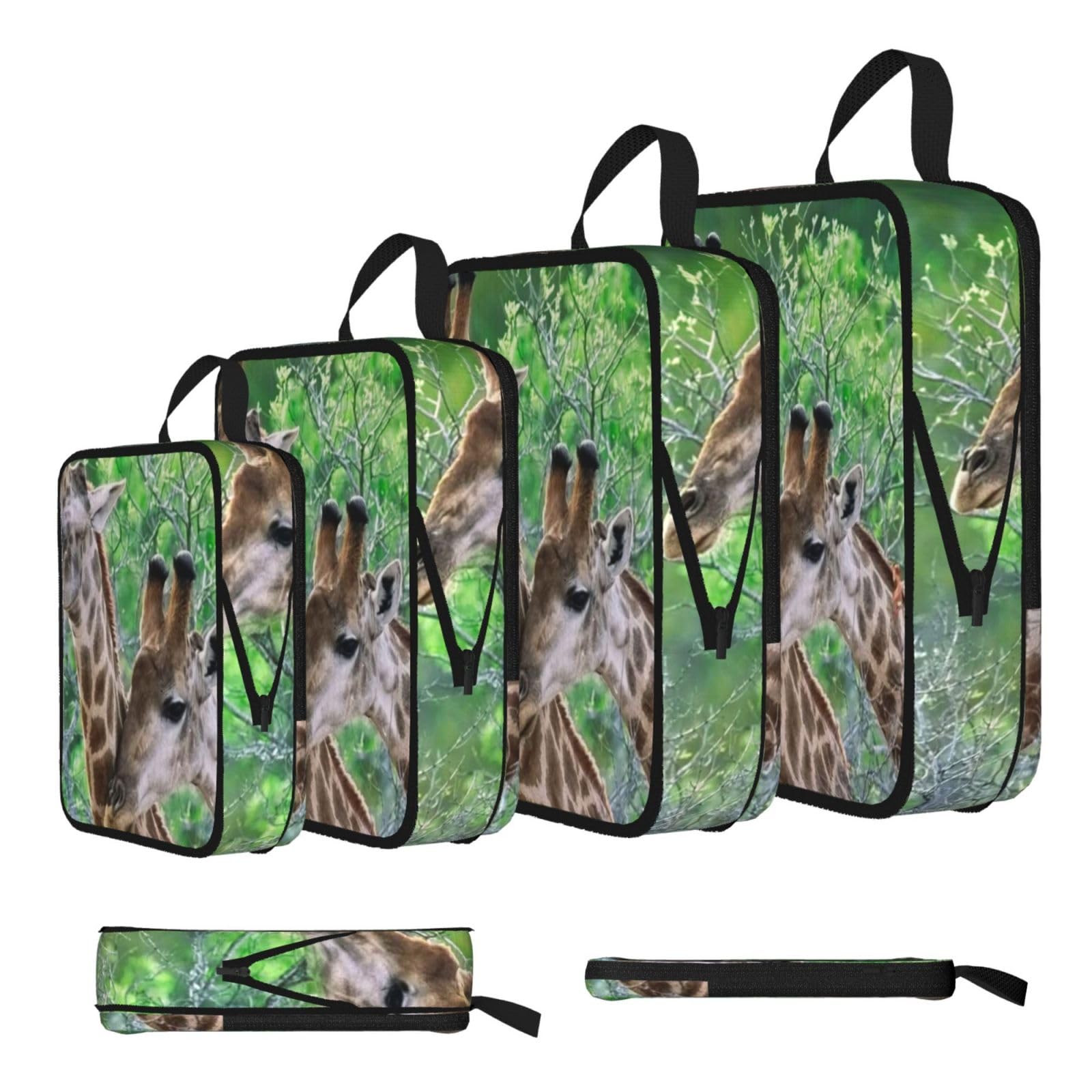 Two Giraffes Print Compression Packing Cubes 4-Piece Set With Multi- Compartment Travel Bag, Waterproof Suitcase Organiser Bags