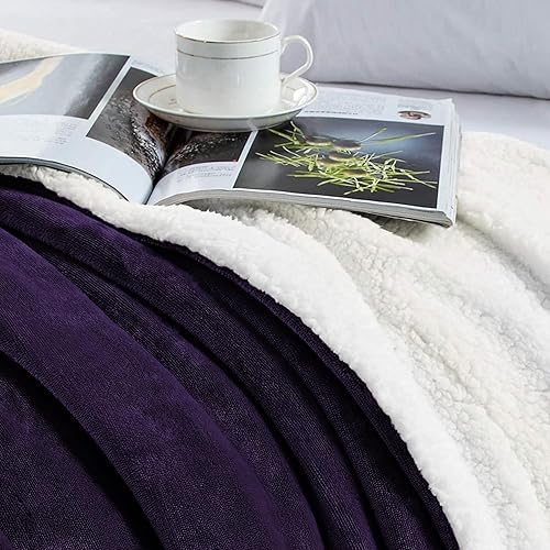 Vista 4 de IR Imperial Rooms Mantas Sherpa tamaño Queen – Mantas gruesas y cálidas para invierno, reversible, suave y esponjosa, tamaño Queen para cama, Morado