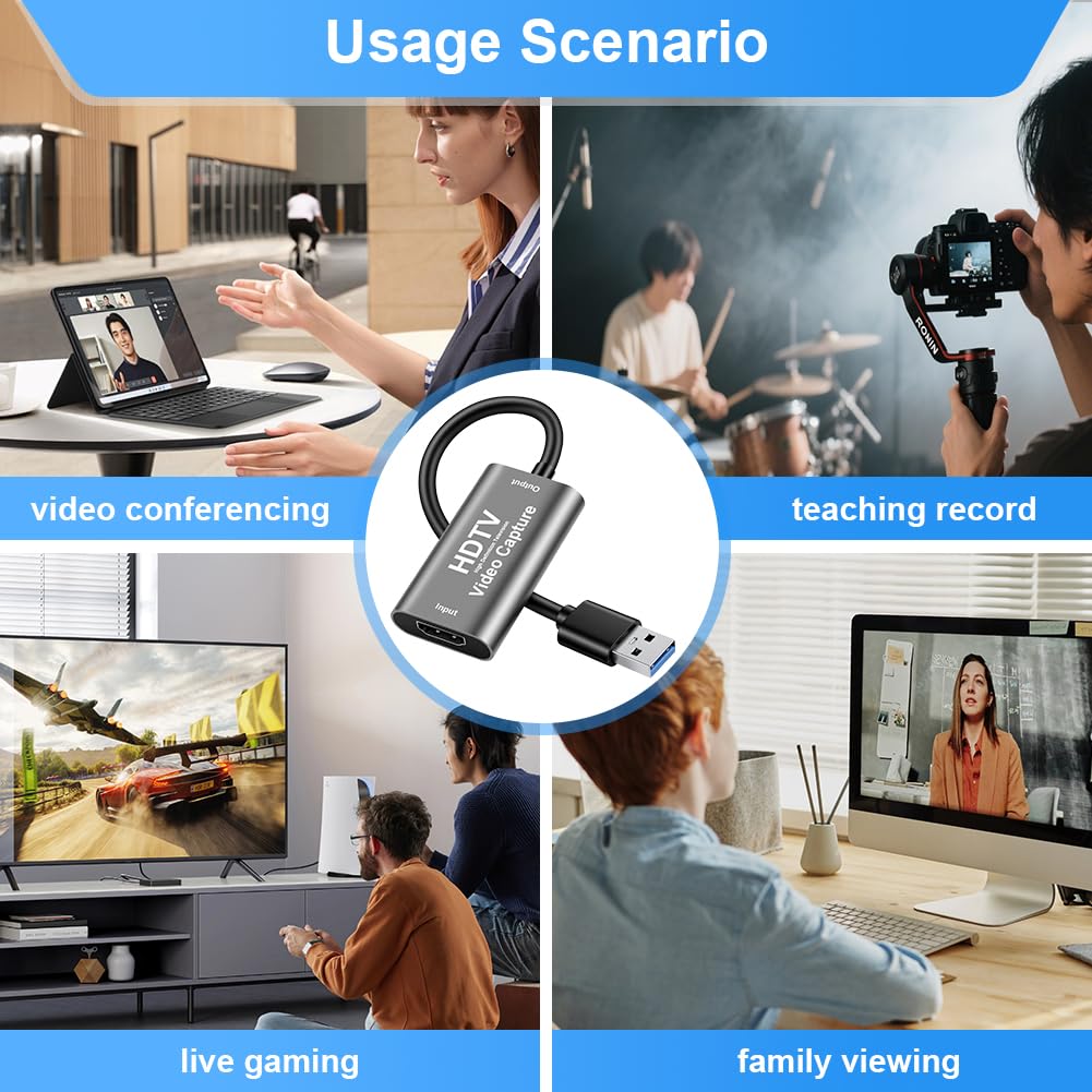 Flintronic Karta do przechwytywania wideo, 4K HDMI na USB Capture Card, wejście 4K30, wyjście 1080p 60FPS, do systemów Windows, MacOS i Linux, kamer, PS4/5, laptopów, komputerów stacjonarnych