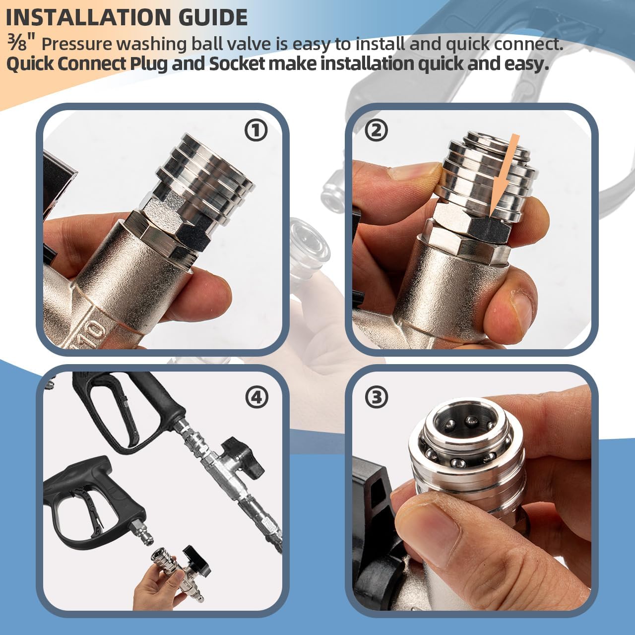 DN10 Ball Valve for Pressure Washer, 3/8" Quick Connect Ball Valve for Pressure Power Washer Gun & Hose with Stainless Steel Coupler & Plug, 3000 PSI (3/8" Female BSP)