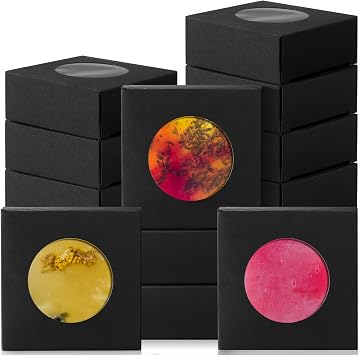 TaoBary 100 Pcs Soap Boxes for Homemade, 3 x 3 x 1.2 Inch Small Paper Gift Packaging Boxes with Window, Gift Wrappers for Soap Packaging Making Party FavorRound,Black