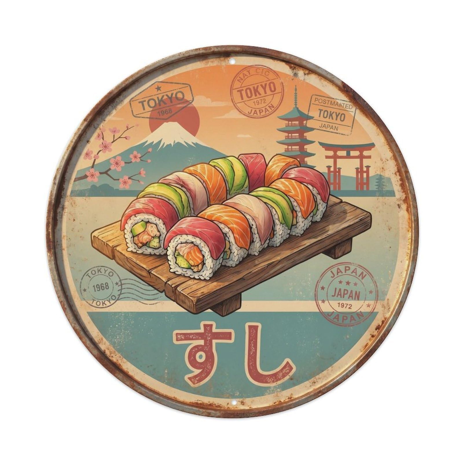 Cxhjca 8X8inch(20X20cm) Japanese Sushi Bar Vintage Travel Nigiri Maki Cuisine Metal Tin Sign