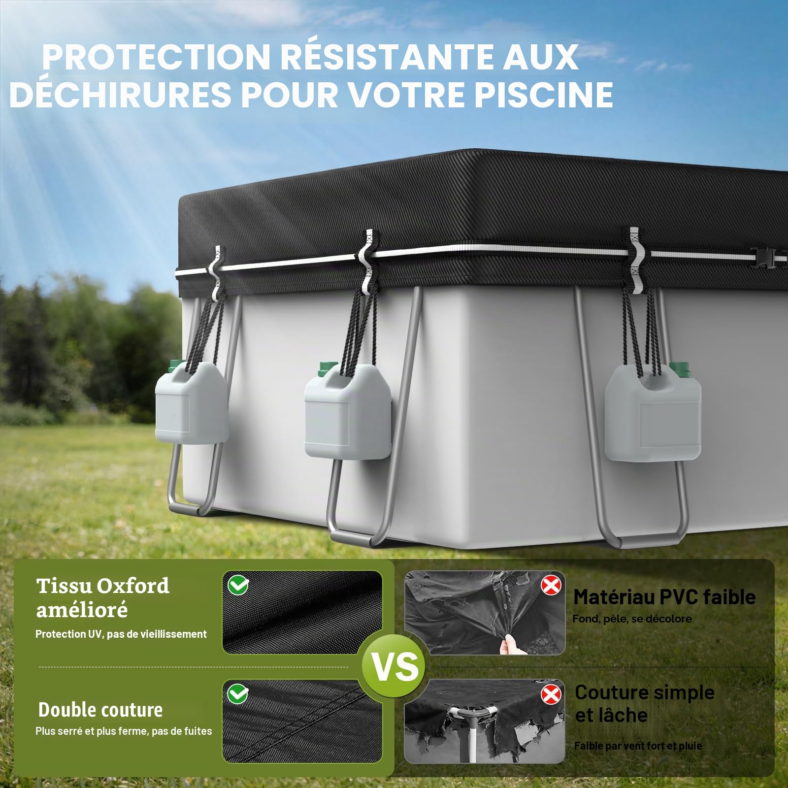 Bâche de Piscine rectangulaire 2,4 x 4,3 m pour Piscine Hors Sol, bâche Solaire avec Boucle Coupe-Vent intégrale, Housse d'hiver idéale imperméable et Anti-poussière