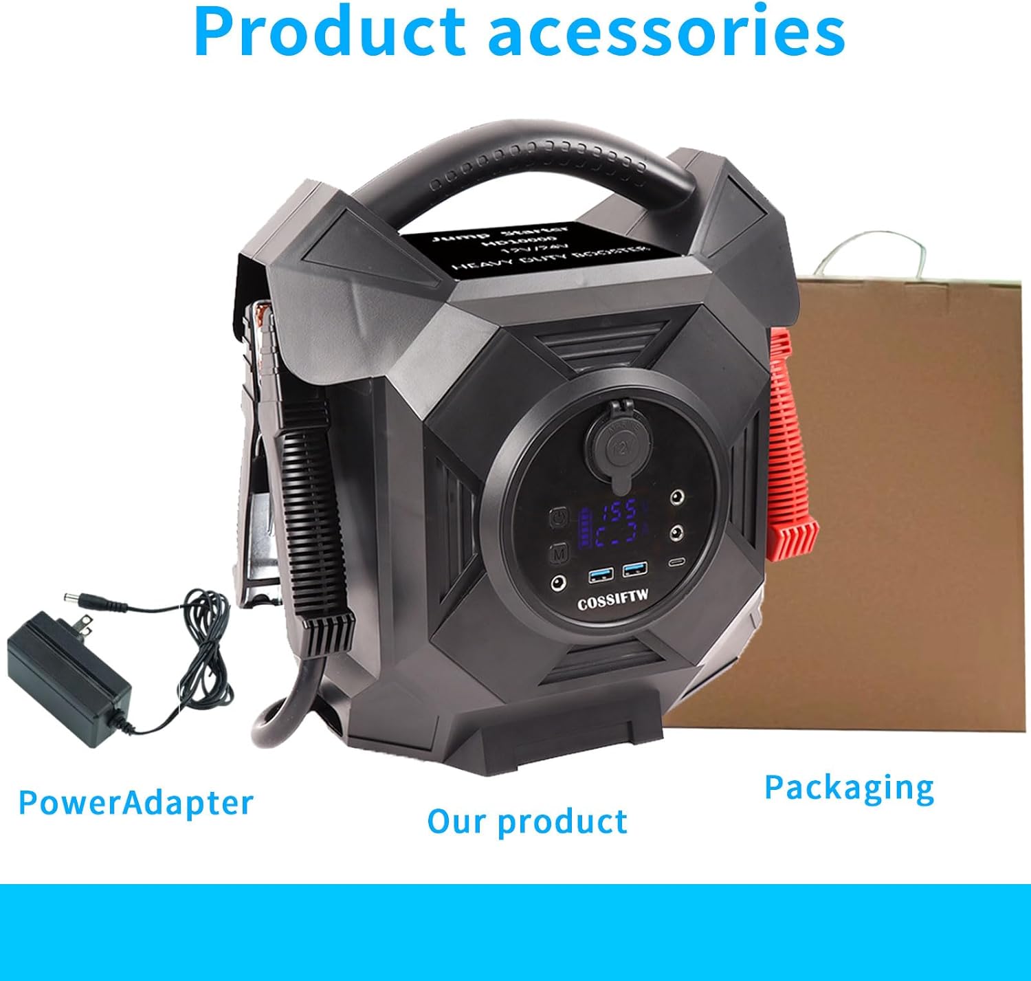 Ultra-Powerful Jump Starter - 10000A 12V/24V Battery Booster Pack with Commercial Jumper Cables, LED Lighting & Multi-Device Charging for Diesel Engines up to 50L