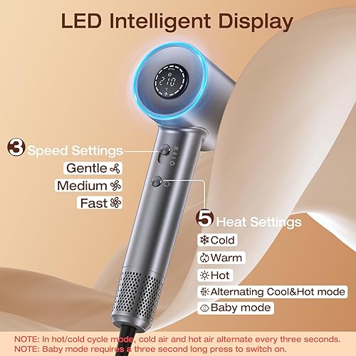 Miniatura 2 de Secador de pelo, secador de pelo profesional de alta velocidad de 1400 W para secado rápido, 500 millones de secador de pelo iónico negativo, 3