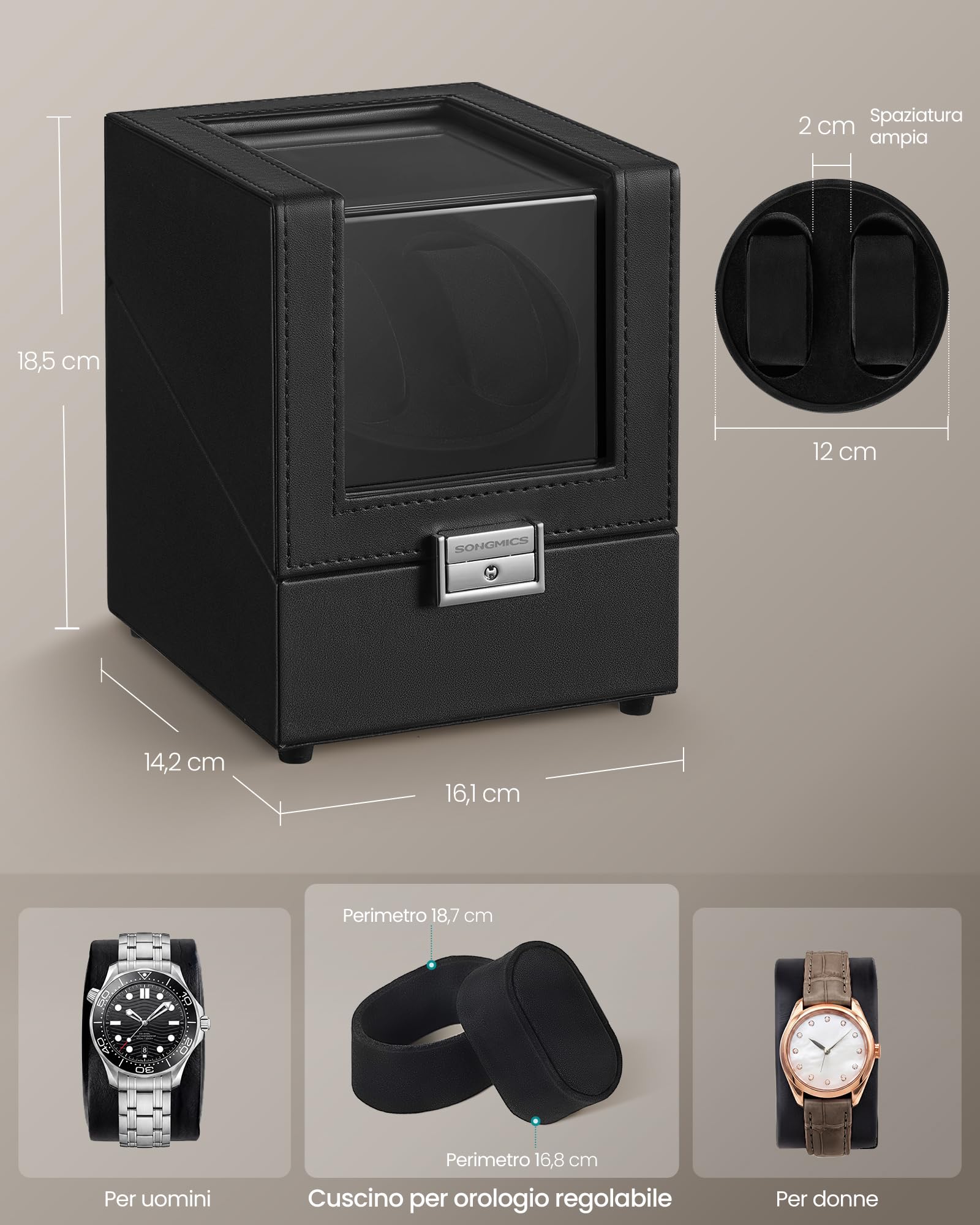 SONGMICS Carica Orologi, Caricatore Automatico Doppio per 1 Orologio con Motore Silenzioso, con LED, Cuscino Regolabile, Chiusura, 4 Impostazioni, con un Cavo di Ricarica USB-C, Nero JWB031B01