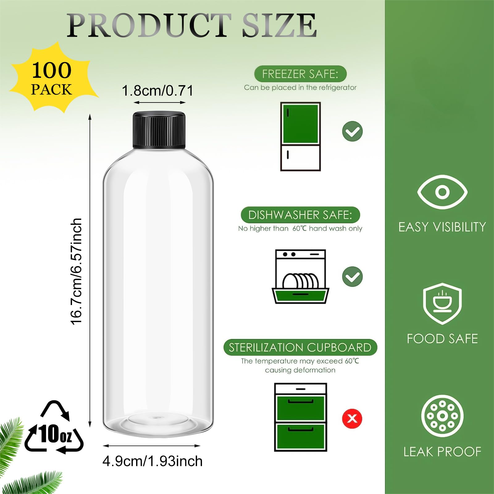 Dandat 100 bottiglie di plastica trasparenti per succhi di frutta, con tappo, riutilizzabili, trasparenti, con coperchio, etichetta, penna, per latte, bevande, pozioni, colpi di zenzero, whisky (283,5