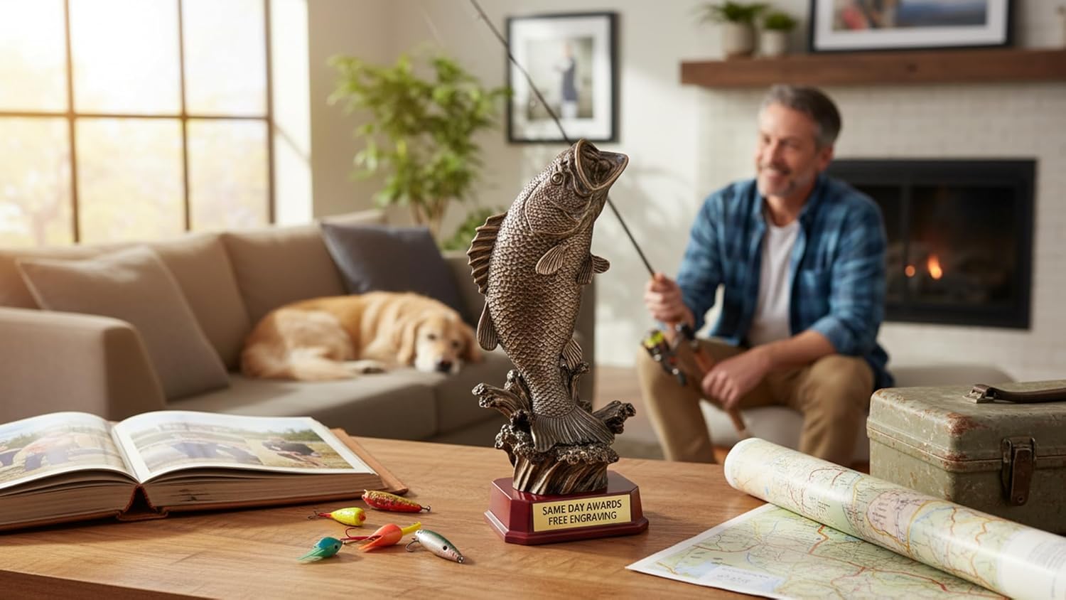 Standing Bass Trophy 12 Inch Resin Figure on Rosewood Base Custom Engraved Fishing Tournament Biggest Catch Award for Anglers and Competitions