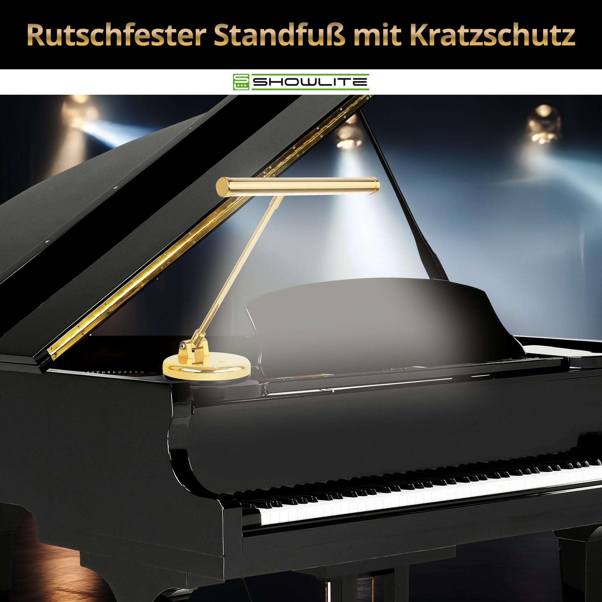 Showlite PL-1-GD-KW LED Lampada per Pianoforte - Lampada per pianoforte con 15 LED - luce bianco freddo a 2 livelli - altezza 36 cm - alimentazione via USB, rete o batteria - oro lucido