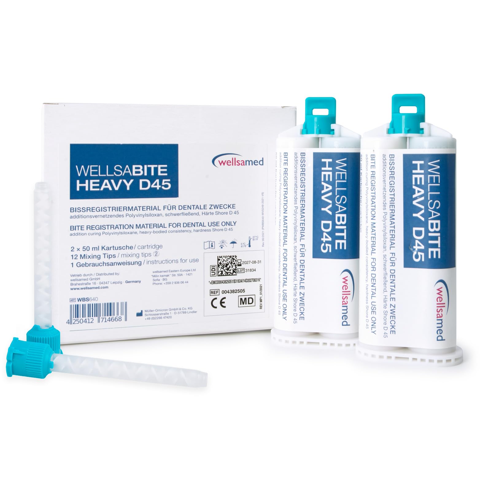 Wellsamed wellsabite Heavy D45 Bissregistrat auf A-Silikon Basis, dentales Bissregistriermaterial, 2 x 50 ml Kartusche Härte Shore D 45 extra hart