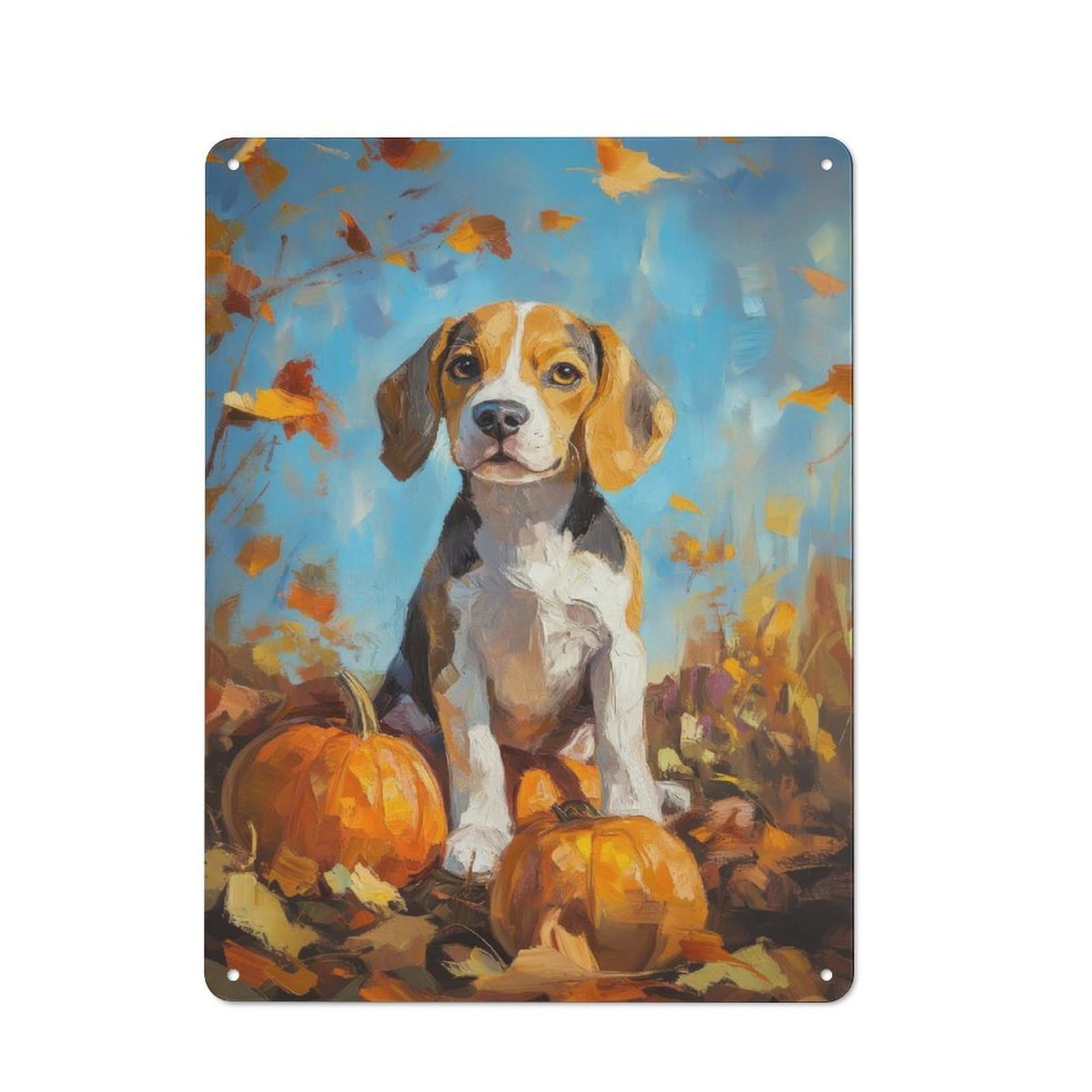 Junmoney Style-19 Beagle Puppy With Pumpkins Painting Fall Dog Portrait Retro Metal Wall Sign 40X30cm For Living Room Or Hallway, For Collectors Decorating Living Rooms And Hallways