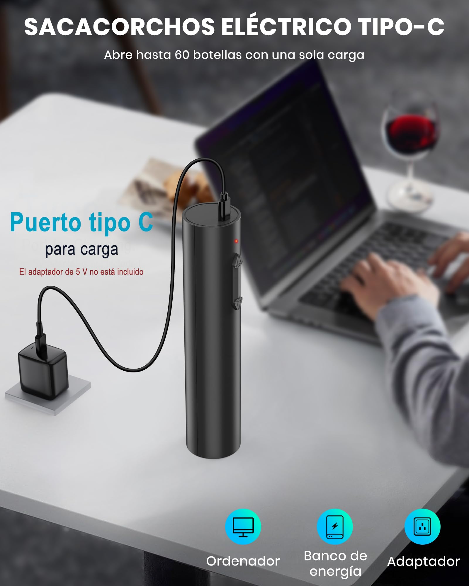 Sacacorchos eléctrico recargable, abridor de vino electrico saca rolhas profesional regalos para hombre mujere abrebotellas con cortador láminas y cable USB, ideal para hogar y bar