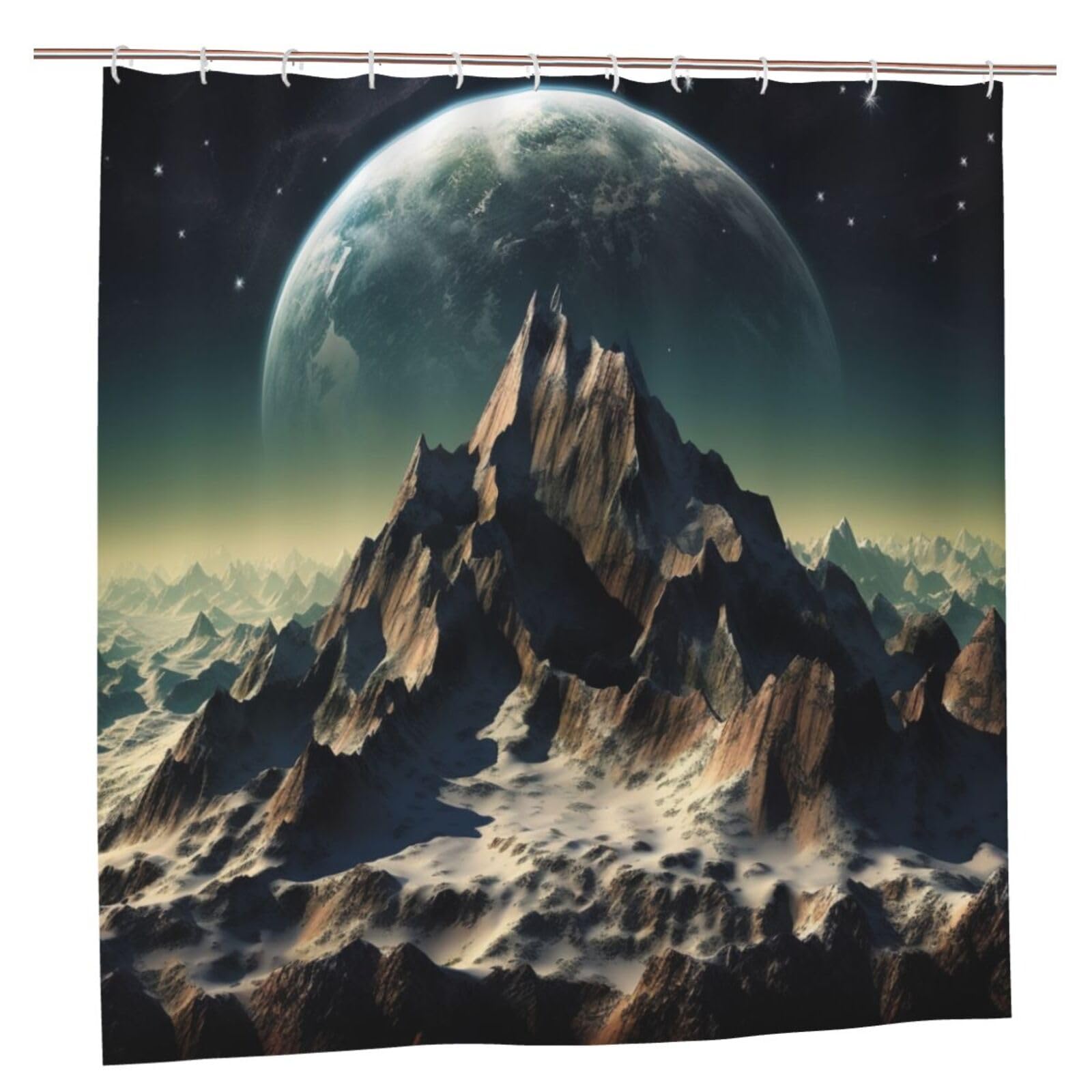 BWWHCCTI Earth Mountain Printed Shower Curtain With 12 Plastic Hooks Opaque Quick Drying Waterproof Shower Curtains Sets For Bathroom 183x183 CM