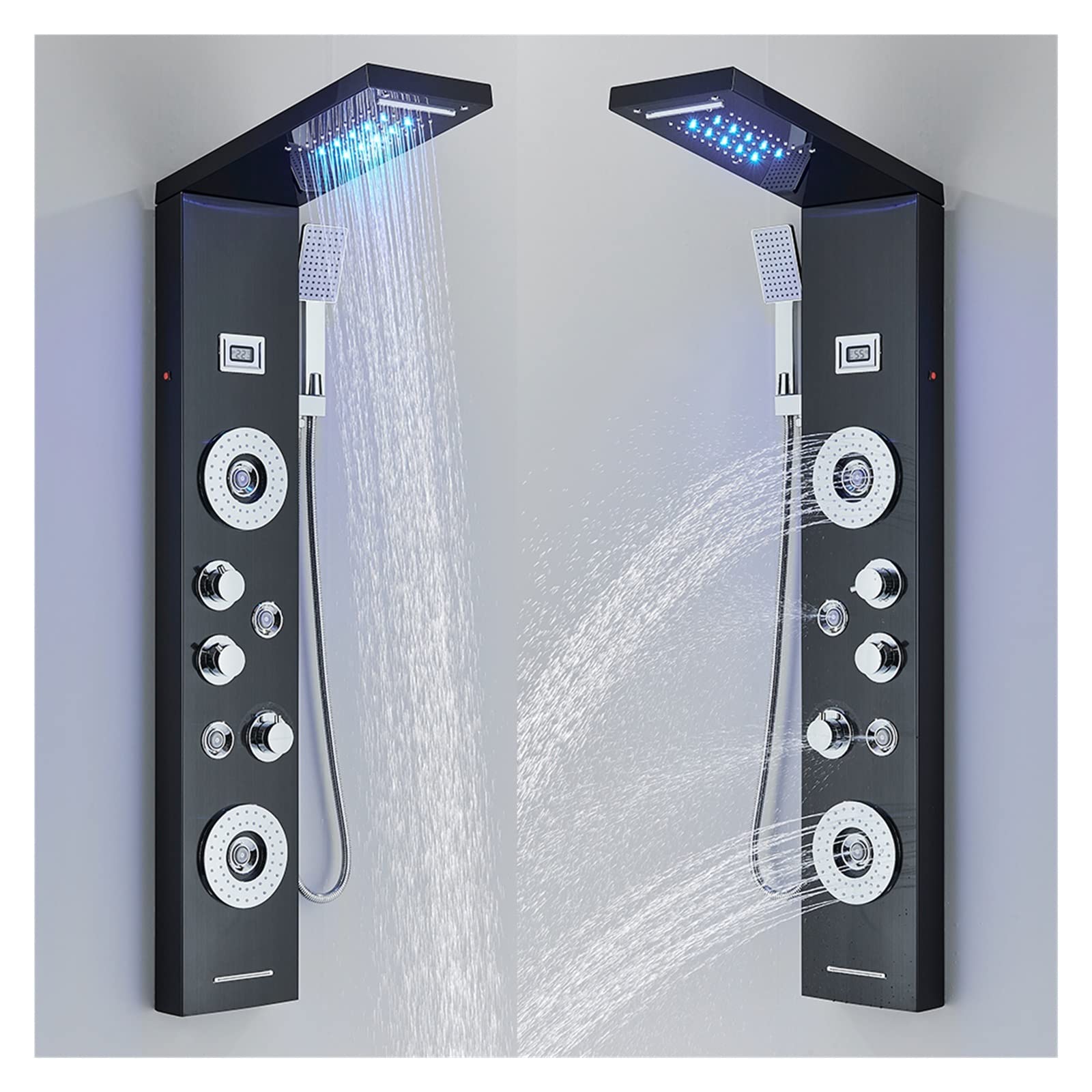 Pannello doccia a LED nero Set di rubinetti for doccia a pioggia a cascata Set di rubinetti for doccia a getto for massaggio SPA Colonna for doccia con display della temperatura Miscelatore Torre(Gold