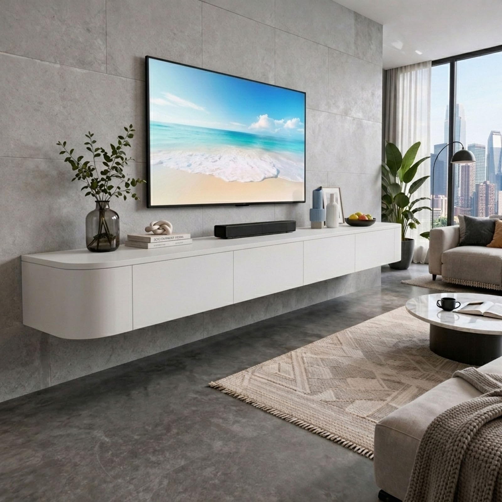 Floating TV Stand Wall Mounted Modern Floating Media Console With Storage Cabinets And Cable Management For Living Room Bedroom Wall Mounted TV Console Entertainment Center(Natural Oak LED,240cm)