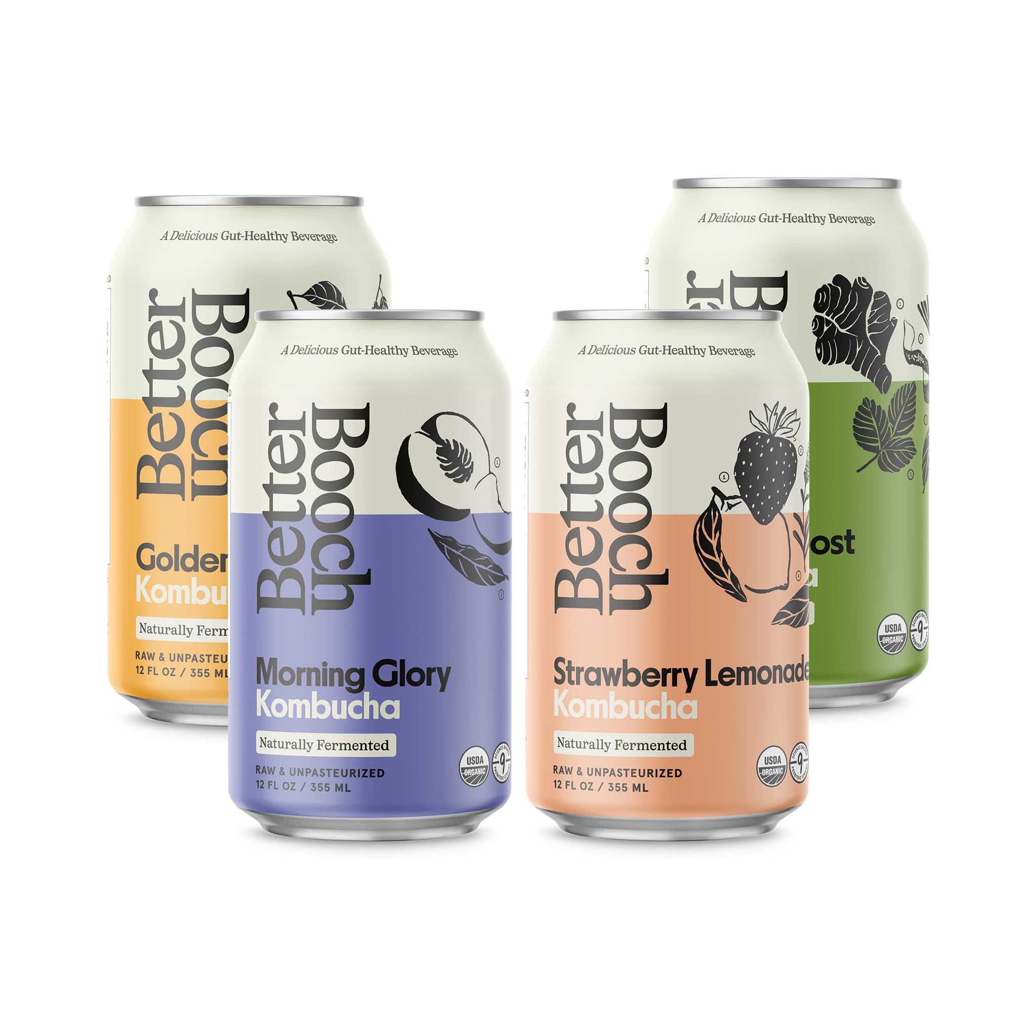 Better Booch Organic Kombucha - Probiotic & Antioxidant Rich Raw Sparkling Tea - Low Sugar, Vegan, Gluten Free - Gut Healthy Active Cultures, 12 Fl Oz